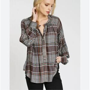 ANTHROPOLOGIE DRA Los Angeles Willa Peasant Top Size S Black Rust White Plaid